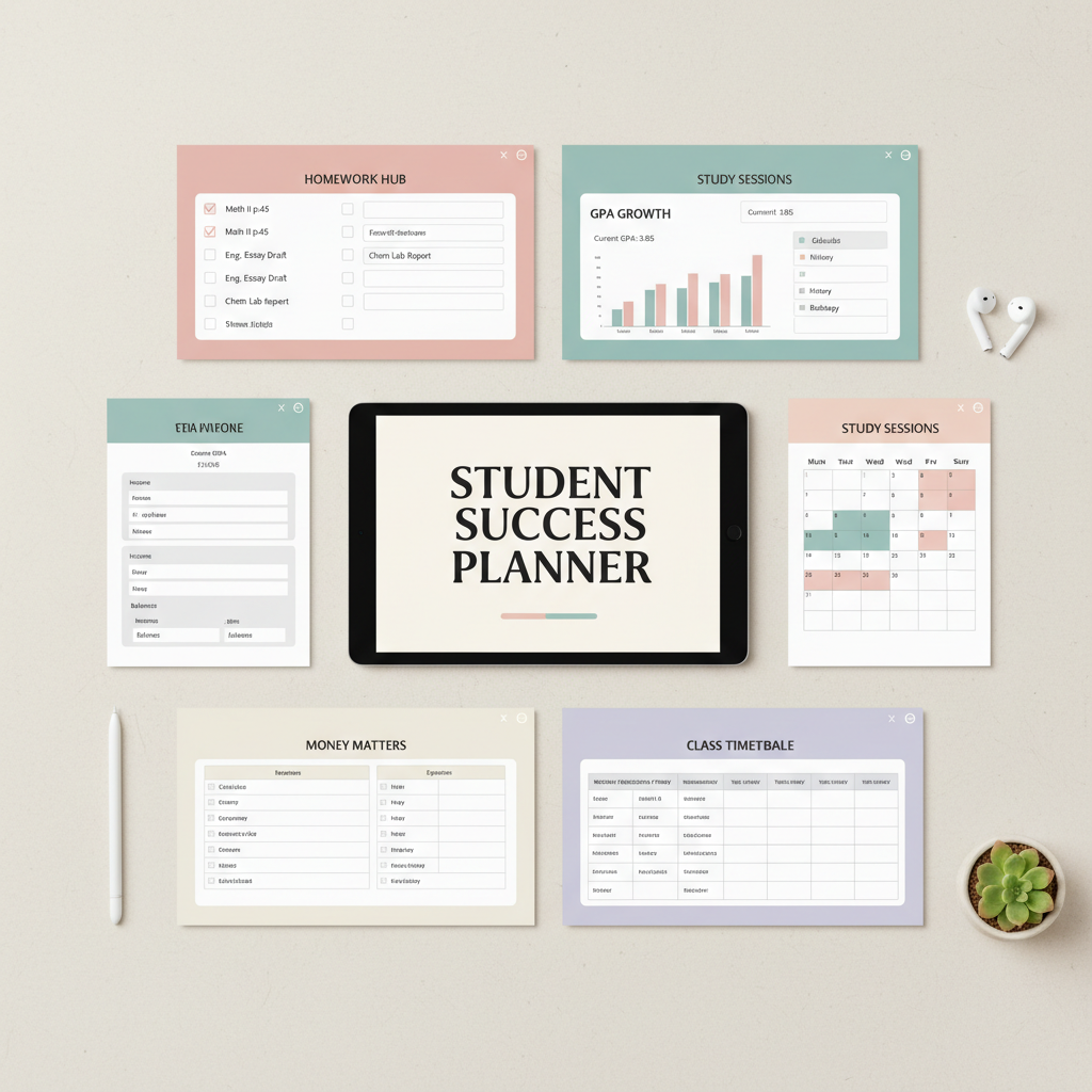 Digital student planner showing homework tracker, GPA tracker, study planner, budget sheet and class schedule